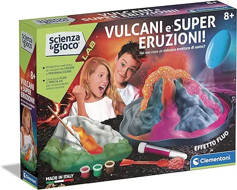 Clementoni Lab-Volcanes y Super Kit Experimentos Ciencia, Erupción Volcánica Didáctica Fluorescente, Juego Científico Niños 8 Años, Laboratorio, Made in Italy, Multicolor, Medio, 19276  