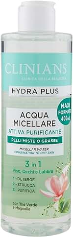 CLINIANS HYDRA PLUS agua Purificadora Micelar Activa para Pieles Mixtas o Grasas, con Té Verde y Magnolia, 400 mL  