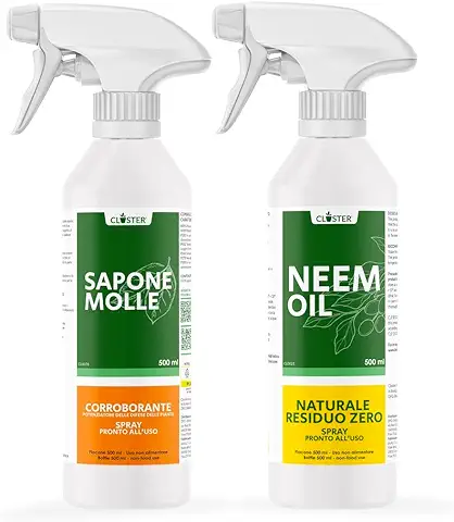 CLOSTER Set Jabón Potasico y Aceite de Neem Spray 2x500ML - Insecticida Natural Mosquitos Chinches Pulgones Cochinilla Ácaros, Desinfestante Biodegradable Ecológico (Spray de 2x500 ML Listo para Usar)  