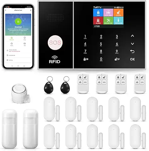 Clouree Kits de Alarma de Seguridad para el Hogar Inteligente 4G, Sistema de Alarma Inalámbrico WiFi para el Hogar con Sirena, Sensor de Movimiento PIR, Controles Remotos, Sensor de Puerta/Ventana  