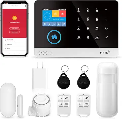 Clouree Sistema de Alarma WiFi 4G para la Seguridad del Hogar, Alarma Inalámbrica para el Hogar, Kit de 8 Piezas con Sirena, Sensores de Movimiento PIR, Mandos a Distancia, Sensores de Ventana/Puerta  