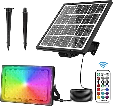 CLV Foco Solar Rgb, Foco led Colores con Control Remoto RF 360°, Foco led RGB Exterior, Impermeable IP66, 12 Cambio de Color, 6 Brillos, 2 Modos, 3 Temporización, Función de Memoria, Cable 5 Metros  