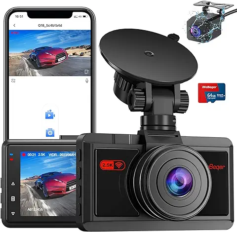 Cámara de Coche, 2.5K+1080P WiFi Dashcam con Tarjeta 64G, Control App, WDR, Visión Nocturna, 170°+140° Ángulo Ancho, G-Sensor, Monitor de Aparcamiento, Grabación de Bucle  