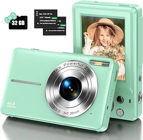 Cámara Digital, Cámara Infantil de 1080P con Tarjeta Micro SD de 32 GB, Cámara de Fotos FHD, Cámara de Vídeo de 44 MP, Cámara Compacta Portátil con Pantalla LCD, Zoom Digital de 16 x y 2 Pilas para  