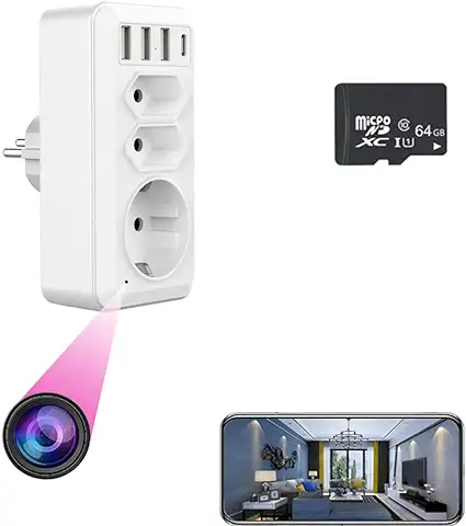 Cámara Oculta, Cámara de Enchufe de la UE con 3 Interfaz USB y Puerto tipo C, Firstoy HD WiFi Adaptador de la UE Cámara de Enchufe con Visión Nocturna y Función de Visión Remota, Vigilancia para  