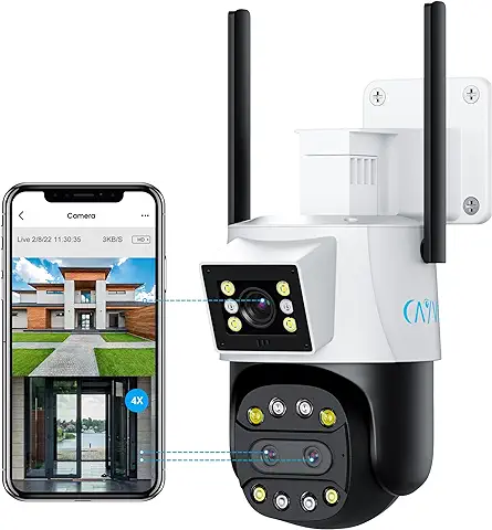 Cámara Vigilancia WiFi Exterior, Tres Lente Doble Núcleos, FHD 2,4GHz WiFi IP Cámara Seguimiento de Zoom Automático Detección Humana, Zoom óptico 4X Visión Nocturna Colorida Audio Bidireccional IP66  