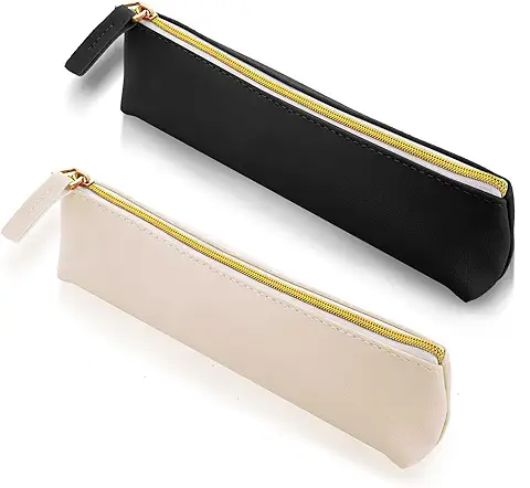 Cobee Estuche de Cuero para Lápices, 2 Piezas, Bonito Estuche, Bolsa de Papelería Estética, Bonita Bolsa con Cremallera, Bolsa de Cosméticos Portátil para Lápices de Bolígrafos (negro + Blanco)  