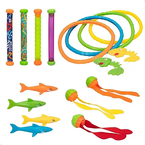 COLORBABY 49536, Set Juguetes Buceo 17 Piezas, CB Toys, Juegos para Bucear en el Agua, Incluye 4 Palos, 4 Aros, 4 Tiburones, 3 Torpedos y 2 Peces, Jugar en Piscinas, Regalos y Juguetes para Niños  