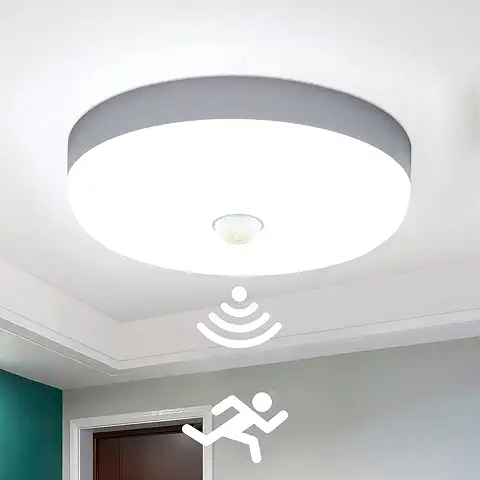 Combuh LED Lámpara de Techo con Sensor de Movimiento 30W Impermeable IP56 Blanco Frío 6500K 2400Lm Fácil de Instalar Plafon LED para Cocina, Baño, Oficina, Porche, Garaje Ø25Cm  