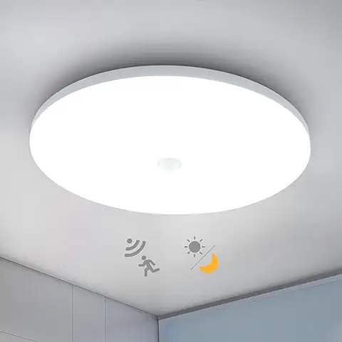 Combuh LED Plafón con Sensor de Movimiento y Sensor Crepuscular, 18W 1800LM Ø30CM Modernas Redondo Lampara de Techo, IP56 6500K Blanco Frío Plafon Luz LED Techo para Pasillos Escaleras Garaje Balcón  