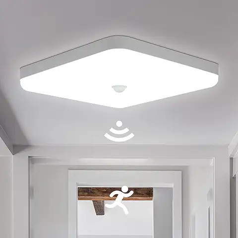 Combuh LED Plafón con Sensor Movimiento 30W Impermeable IP56 Blanco Frío 6500K 2400Lm Cuadrado Lampara de Techo para Cocina, Baño, Oficina, Porche, Garaje 25 * 25 * 4cm  