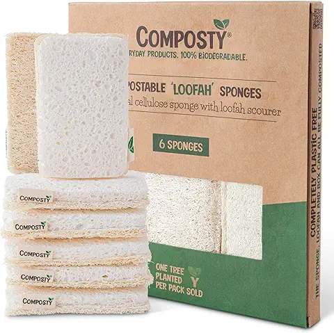 Composty® Esponjas de Estropajo Ecológicas Lufah | Paquete de 6 | Esponja de Cocina Compostable | Esponja de Lavado Biodegradable | Sin Plástico | 100% Natural | Larga Duración | Un árbol Plantado  