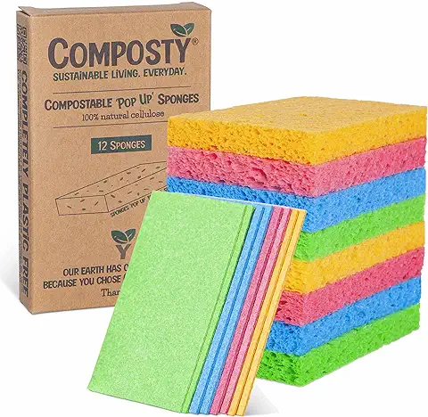 Composty® Esponjas Ecológicas Pop-Up | Paquete de 12 | Compostables | Sin Residuos | Sin Plástico, 100% Celulosa Natural | Larga Duración | 4 Colores Cocina, Lavado, Baño  