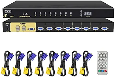 Conmutador KVM USB VGA, Conmutador KVM con 8 Puertos VGA 8 en 1 Proyector con Control Remoto de Pantalla de Video Proyector con 8 Cables VGA Originales: para Win98/XP/Linux, Mac(8 Puertos  