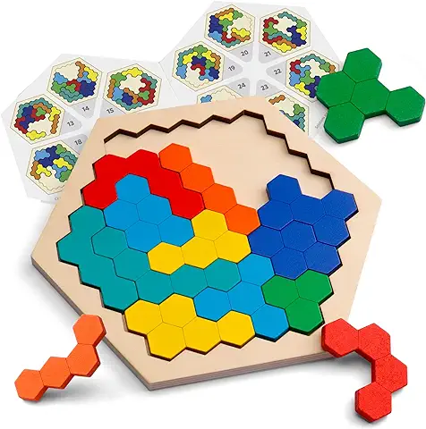 Coogam De Madera Hexágono Rompecabezas - Bloque de Forma Tangram Rompecabezas Juguete Geometría Lógica IQ Juego Stem Montessori Regalo Educativo para Todas Las Edades Desafío  