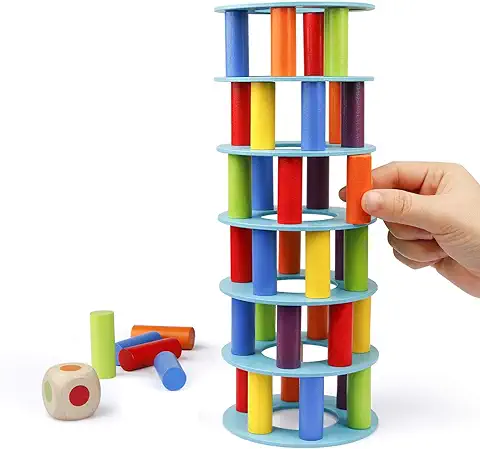 Coogam Juego de Apilamiento de Torres de Madera, Bloques de Construcción de Habilidades Motoras Finas con Dados Que Derrumban la Torre Inclinada de Juguete Juegos de Fiesta de la Familia Montessori  