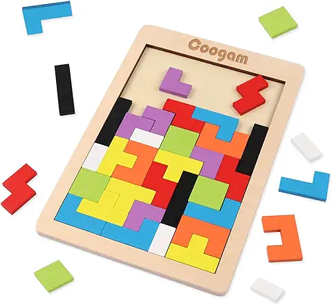 Coogam Puzzle de Madera 40 Piezas Tangram Jigsaw Brain Teaser Toy para Adulto Caja de Rompecabezas de Madera Juego de Cerebro Bloque de Construcción Inteligencia Regalo Educativo para Niños  