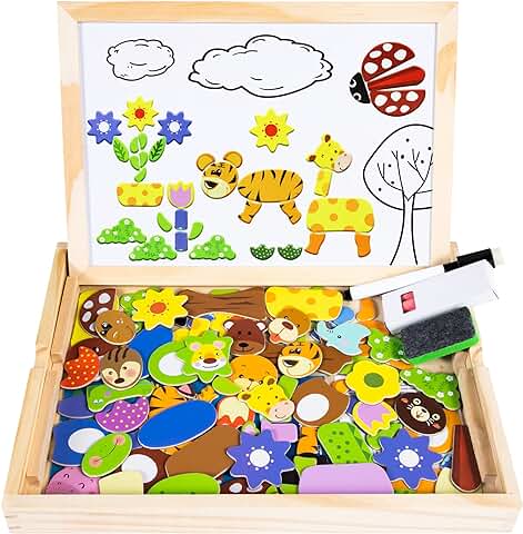 COOLJOY Puzzles Rompecabezas Magnéticos de Madera Juguete Educativo Tablero de Dibujo de Doble Cara para Niños Niña 3 Años 4 Años 5 Años - Acerca de 100 Piezas (Animal)  