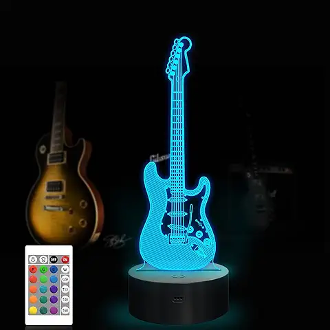 CooPark Lámparas de Guitarra 3D con Control Remoto, Lámpara LED 16 Colores, Interruptor Táctil de luz Regulable USB/batería, Regalo de Decoración para Bebés y Adolescentes  