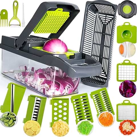 Cortador de Verduras Mandoline 13 en 1, Rebanador de Verduras, Verduras Ralladas, Picador de Rallador de Cocina Multifunción con 7 Cuchillas Ajustables para Rebanar, Cortar Verduras y Rallar  