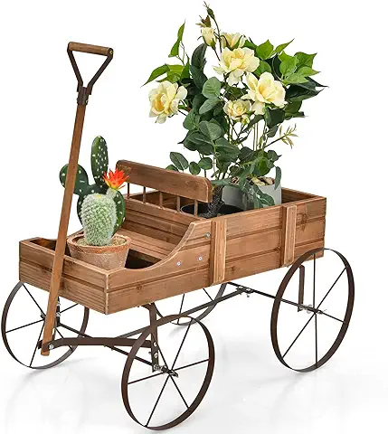 COSTWAY Carrito de Madera Maceta, Maceta Decorativa con Ruedas y 2 Secciones para Plantas, Porta Plantas de Exterior para Jardín Patio (café)  