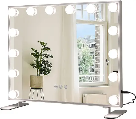 COSTWAY Espejo Maquillaje con Luz 14 Bombillas LED, 2 en 1 Espejo de Mesa & de Pared, Espejo Tocador Rectangular con 3 Modos de Iluminación, Control Táctil, Tornillos Adapataor de Corriente, 50x40  