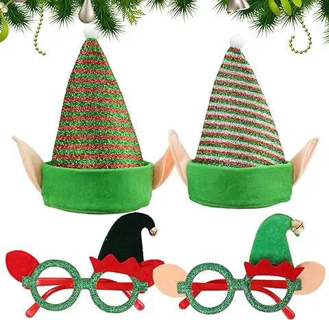 Counius 2 Elfo Navidad Gorro Navidad Sombreros de Fieltro de Duende Navideño Sombreros de Fiesta de Navidad y 2 Navidad Gafas Gafas Divertidas para Fiestas de Navidad para Tomar Fotos y Salir Fiesta  