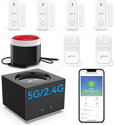 CPVAN Alarmas para Casa, 2,4 GHz y 5 GHz WiFi Alarma Sistema Antirrobo Inalámbrico y Sirena, Kits de Seguridad con App, Trabajo para el Hogar, Apartamento, Garaje(Tuya/Smartlife)  