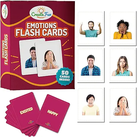 CreateFun Tarjetas Flash de Sentimientos y Emociones | 50 Tarjetas de Fotos Educativas para el Desarrollo de Emociones | 7 Juegos de Aprendizaje para Principiantes para su Aula, Materiales de Terapia  