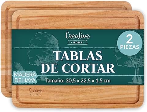 Creative Home 2 x Tabla Cortar Cocina de Madera | 30,5 x 22,5 cm | Tabla de Trocear | Madera de Haya Natural | Reversible | Accesorio para Servir Aperitivos  