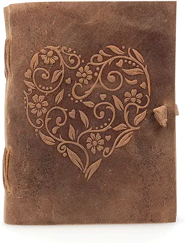 Cuaderno de Cuero Genuino para Mujer – MOONSTER® Diario de Escritura Hecho a Mano - Corazón Gravado – Diario de Cuero para Dibujar y Escribir – Cuaderno de Viaje de Tamaño Perfecto 20x15cm  