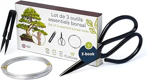 CULTIVEA® - Juego de 3 Herramientas Esenciales para Bonsái - Accesorios de Acero- Jardín - Tijeras para Bonsái y para el Cuidado de Las Plantas- Tijeras Redondas- Poda de Bonsái - Alambre de Aluminio  