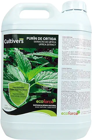 CULTIVERS Purín de Ortiga Ecológico de 5 L. Acción Insecticida, Fungicida, Acaricida. Corrige la Clorosis Férrica. Control de Plagas y Hongos Sustancia Básica Natural. Poder Reverdeciente  