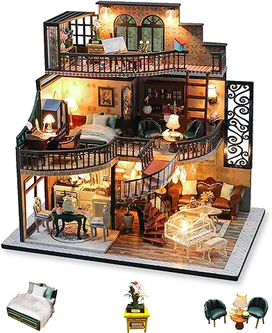 Cuteefun Casa en Miniatura para Montar, Casa de Munecas Miniatura con Muebles, Kit de Casas de Manualidades DIY con Herramientas, Idea de Regalo Creativa (DesváN De La Vendimia)  