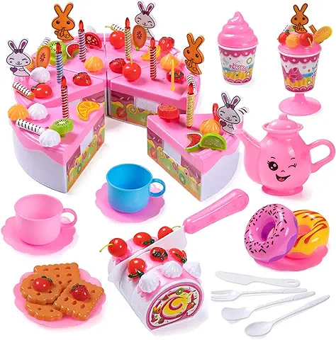 Czemo 99 Piezas Tarta Cumpleaños Juguete, Alimentos Juguete, Corte Pastel de Cumpleaños con Velas, Fruta, Helado, Galletas, Dulce y Chocolate para Niños  