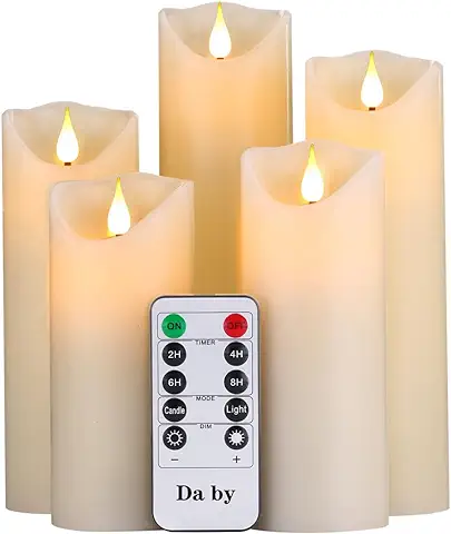 Da by Velas LED, 5 Llama LED Parpadeante (14cm, 15cm, 16cm, 18cm, 20cm), Vela sin Llama de 300 Horas y Control Remoto de 10 Botones, Plástico.[Clase de Eficiencia Energética A]  