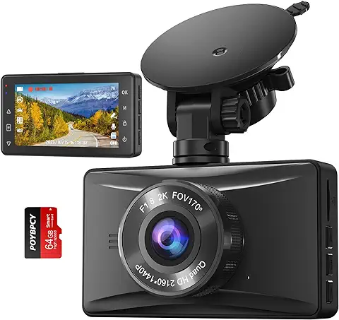 Dashcam Car, Cámara Frontal 2K QHD para Coche con Tarjeta SD 64G, Pantalla LCD de 3 Pulgadas, Visión Nocturna, WDR, Gran Angular de 170°, Grabación en Bucle, Sensor G, Detección de Movimiento  