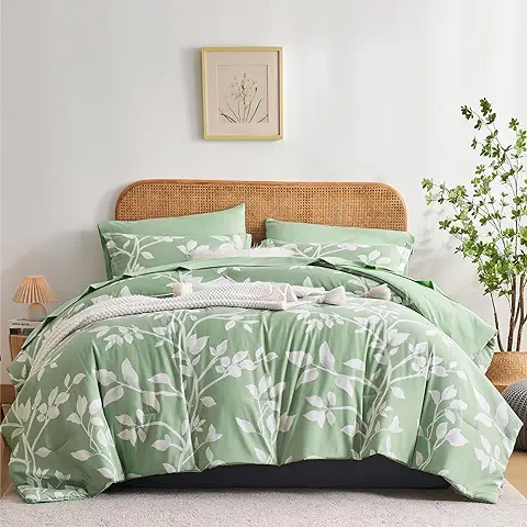 Davulos Juego de Edredón Verde Salvia Tamaño King, 7 Piezas cama en una Bolsa, Juego de ropa de cama Botánico con Patrón de Hojas Blancas, Edredón Floral Reversible de Microfibra Suave para Todas las  