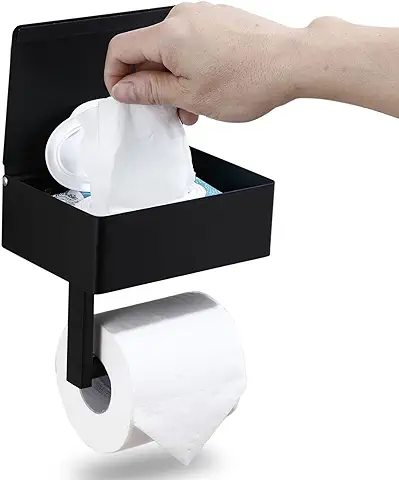 Day Moon Designs Porta Rollos de Papel Higiénico con Estante - Caja para Dispensador de Toallitas Húmedas Oculto - Portarrollos de Baño de Pared de Acero Inoxidable con Bandeja - Negro Mate  