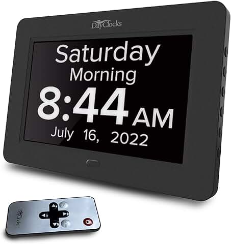 DayClock Digital de 8 Pulgadas con Control Remoto y Tiempo de Conversación, Píldoras y Alarmas Regulares con Pantalla Grande Clara, Reloj con día y Fecha para Personas Mayores, Color Negro  