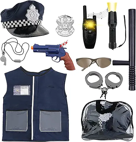 DeAO Disfraz de Policía Juego Infantil de Imitación Conjunto de Uniforme Policial Incluye Gorra, Chaleco, Placa, Handcuffs, Walkie-talkies Armas de Juguete y más Accesorios  