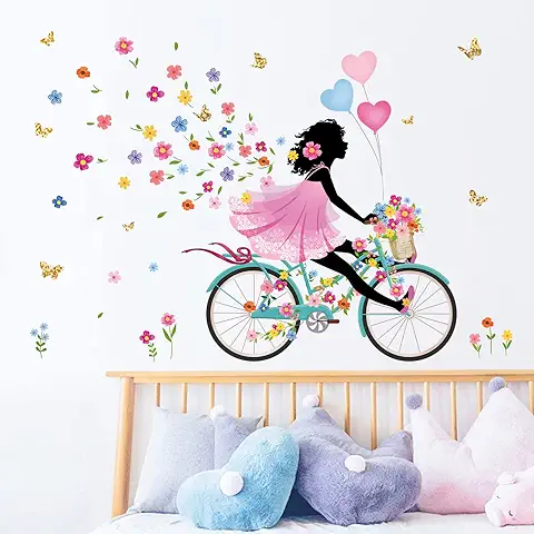 Decalmile Pegatinas de Pared Niña Flor Hada Vinilos Decorativos Flores Mariposas Bicicleta Adhesivos Pared Habitación Niña Dormitorio Salón  