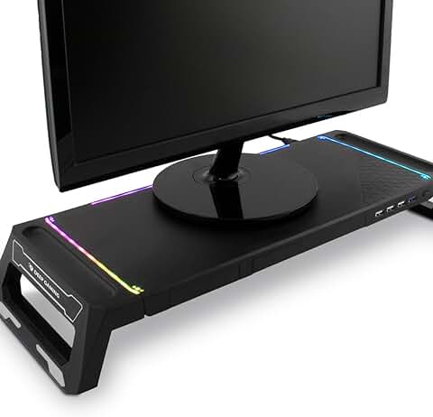 DeepGaming SN06 Soporte de Monitor para Escritorio Gaming con Cajón de Almacenamiento, Soporte para Móvil, 10 Modos de Ilulimación RGB y Hub USB de 3 Puertos (1 x USB3.0 + 2 x USB2.0). Negro  