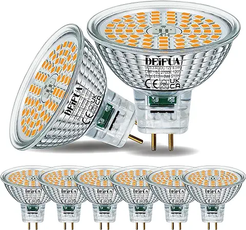 DEIFUA Bombillas Led GU5.3 Blanco Cálido 2700K 615 Lúmenes 6.5W Equivalente a 50W MR16 Halógeno, Paquete de 6, AC/DC 12V Sin Centelleo, Lámpara Reflectora Haz Ancho de 120°, No Regulable  