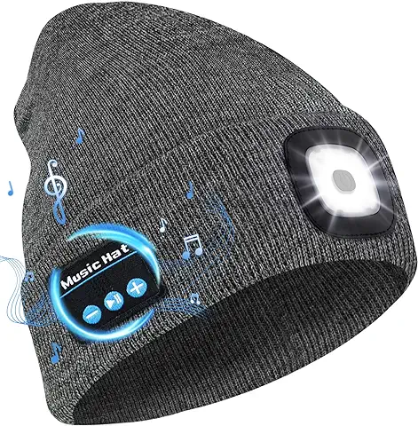 Deilin Gorro Bluetooth con Linterna LED, Unisex Sombrero Beanie con Auriculares Bluetooth V5.0 USB Recargable Lavable Gorro Musica de Punto Invierno con Luz LED, Regalos Navidad para Hombre Mujer  