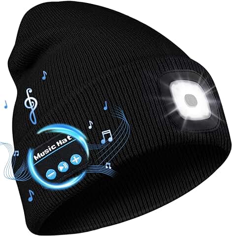 Deilin Gorro Bluetooth con Linterna LED, Unisex Sombrero Beanie con Auriculares Bluetooth V5.0 USB Recargable Lavable Gorro Musica de Punto Invierno con Luz LED, Regalos Navidad para Hombre Mujer  