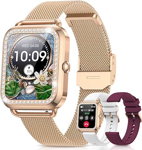 DEKELIFE Reloj Inteligente Mujer, Diamante 1.57'' HD Smartwatch con Llamadas, Función Femenina, Frecuencia Cardíaca, SpO2, Sueño, Podómetro, Calorías, 200+ Esferas Android iOS Oro Rosa, Regalo Mujer  