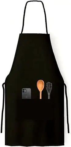 Delantal de Cocina Impermeable, con 2 Bolsillos 100% Poliéster Ajustable, Mandil Transpirable Ideal para Cocinero, Camarero o Barbacoas. Apron chef para Hombres y Mujeres. Resistente. (Negro)  