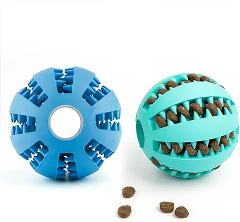 DEWEL 2 PCS Pelota Perro, Juguete Interactivos para Perro, Juguete Dispensador de Golosinas para Mascotas, Pelota Dental Perro Indestructible, Bola de Limpieza de Dientes, de Caucho, Azul y Verde 5cm  