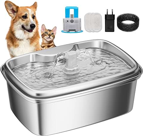 Deyooxi Fuente para Gatos Acero Inoxidable, 2L Fuente Gatos Automatico Dispensador de Agua Silencioso, Bebedero Gatos Perros con 3 Filtros de Recambio,Diseño Apto para Lavavajillas  